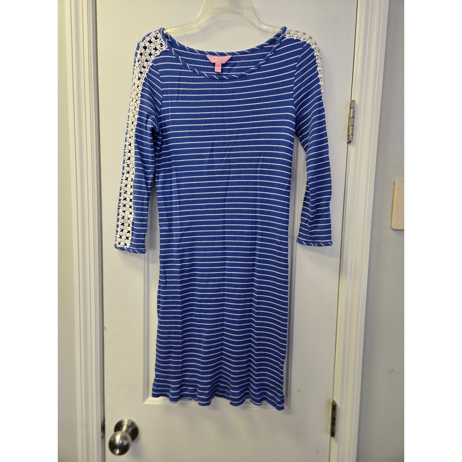 Lilly Pulitzer Blue White Striped Crochet Sleeve Ribbed T-Shirt Dress S Modal